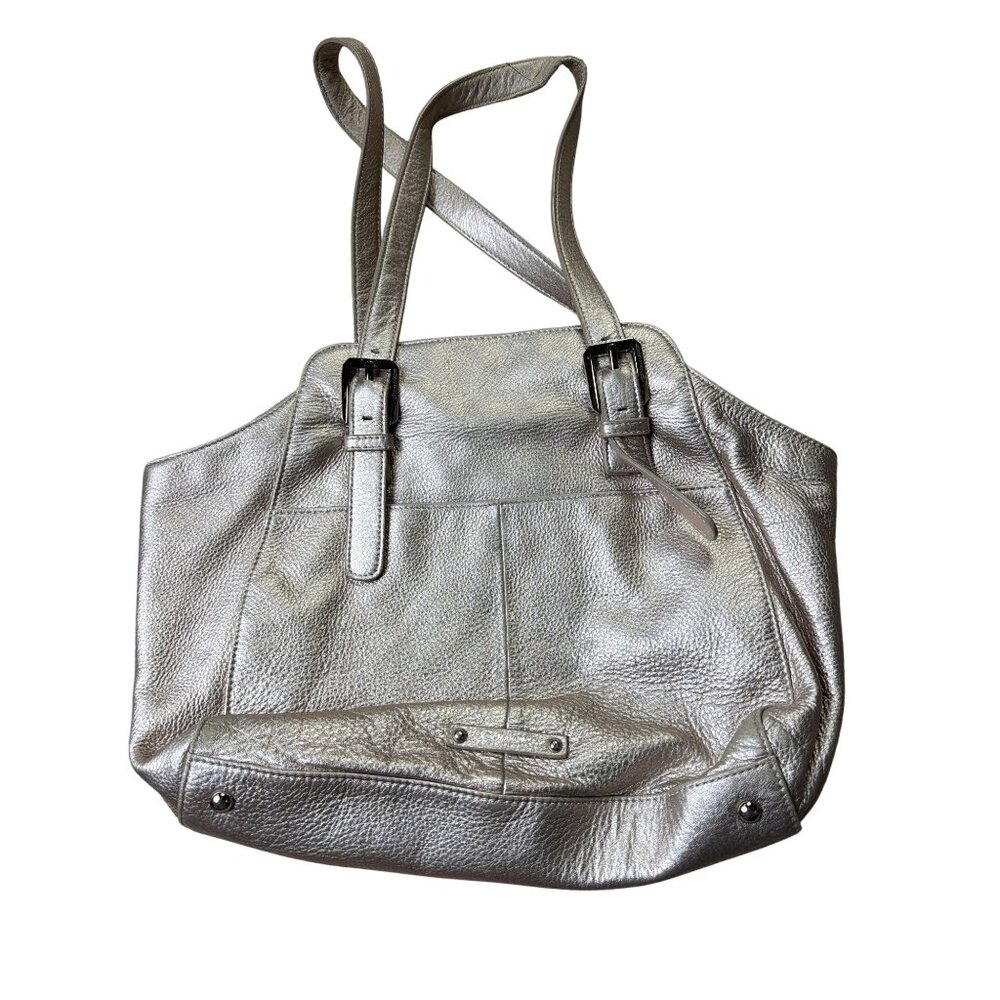 B. Makowsky Silver Leather Designer Shoulder Bag With Adjustable Straps